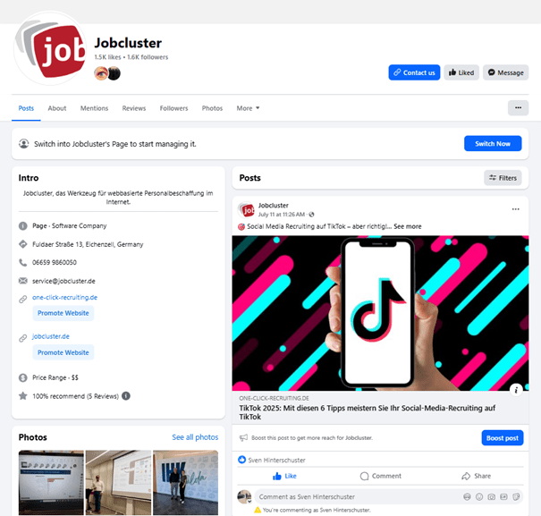 Jobcluster Facebook Unternehmensdarstellung