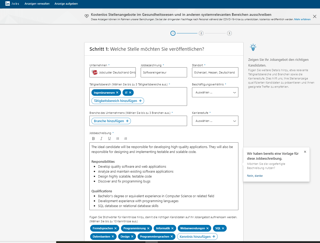 LinkedIn Jobs Stellenanzeigenformular LinkedIn Jobs Stellenanzeigenformular