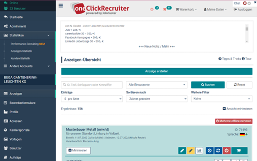 Der Recruiting Überblick zeigt KPIs zu Klicks, Interessenten und Bewerbern
