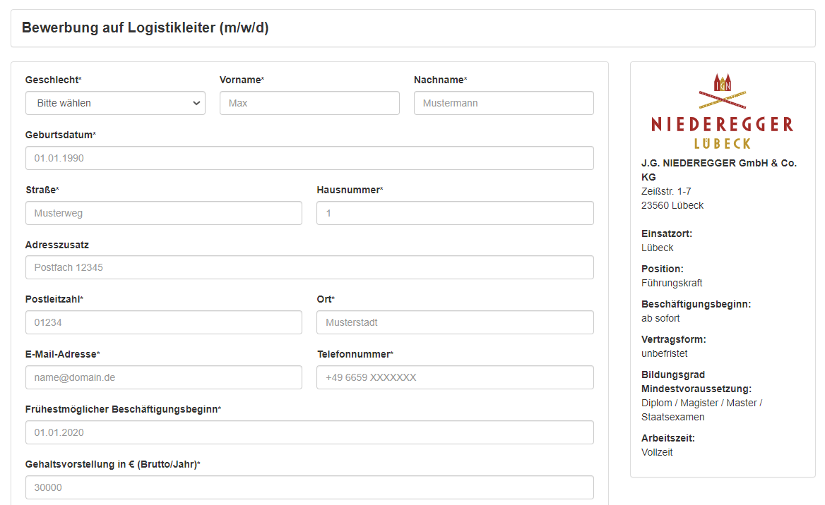 Individuelle Bewerberformulare