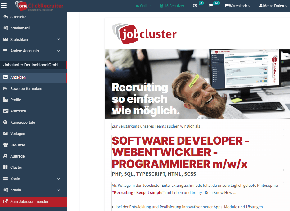 Stellenanzeigen Anzeigenerstellung im One-Click-Recruiter in 30 Sekunden