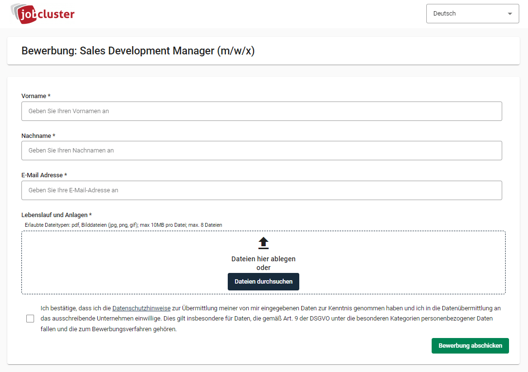 Kurze Vorlage Bewerbungsformular