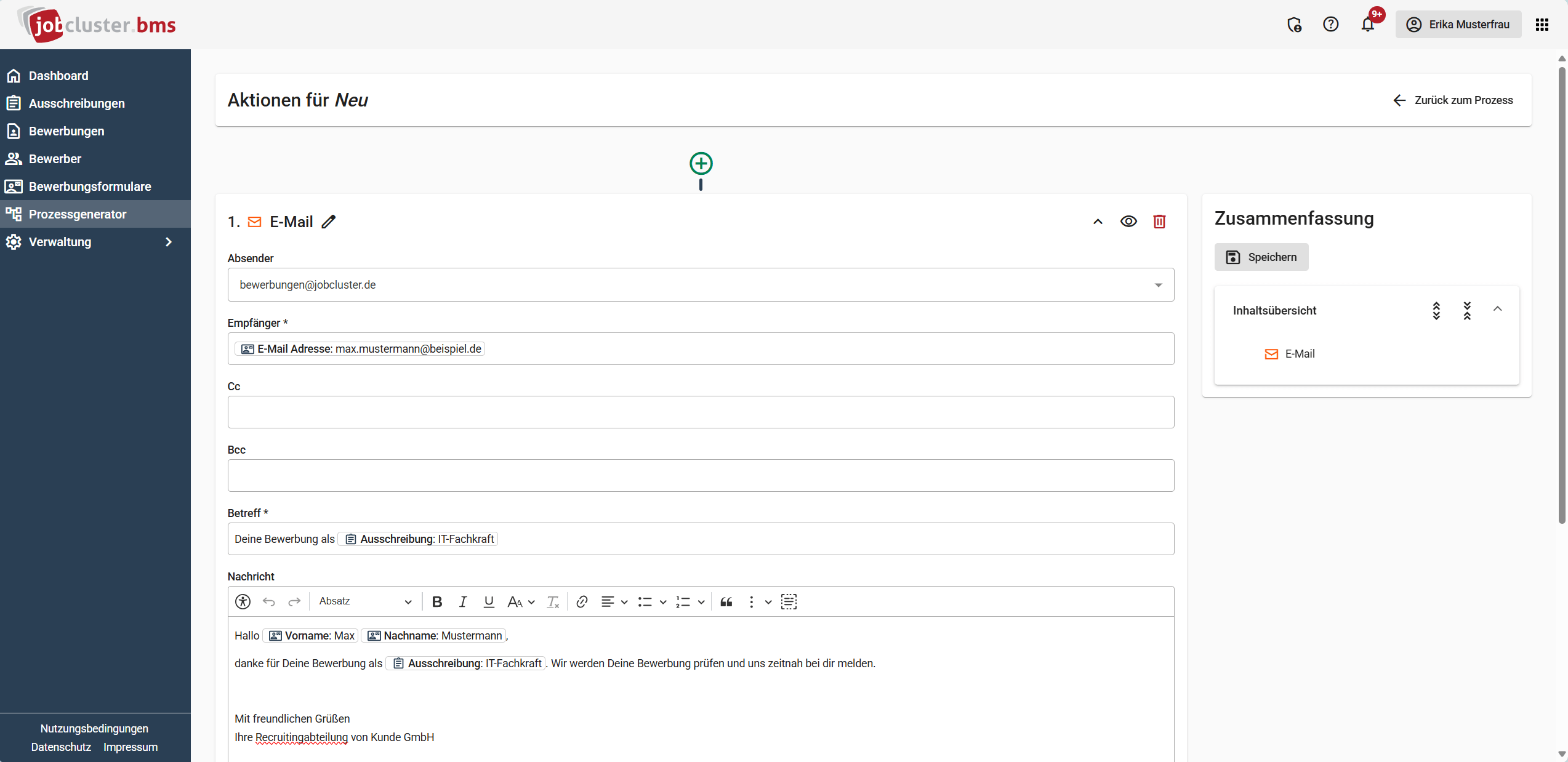Jobcluster Bewerbermanagementsystem vorgefertigte Templates