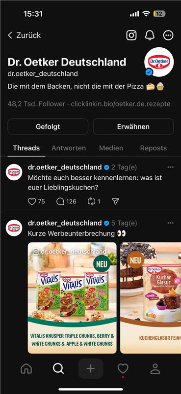 Das Unternehmen Dr. Oetker auf Threads