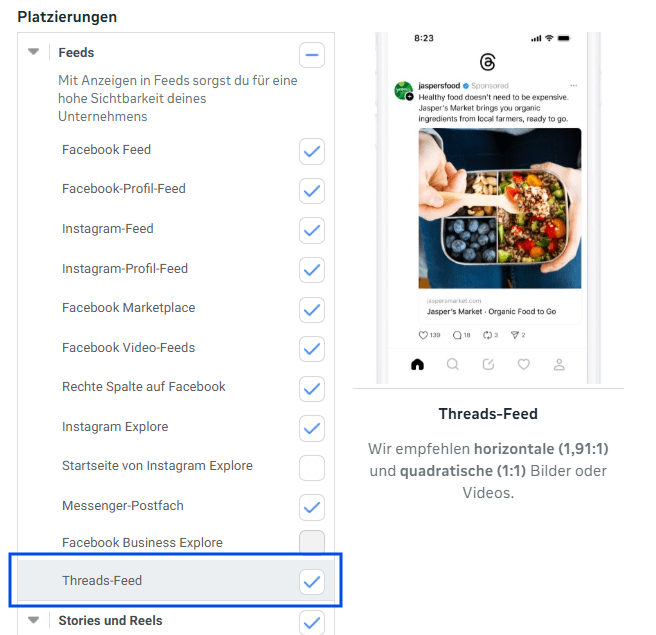 Ausschnitt Threads Platzierung